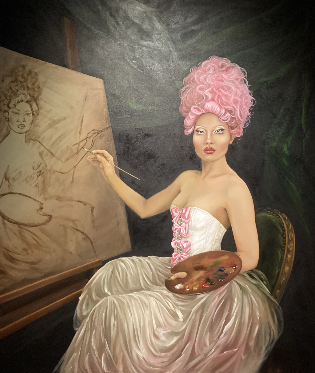 Painting by London-based Chinese artist Xu Yang, depicting the artist in period dress and pink wing painting a self-portrait